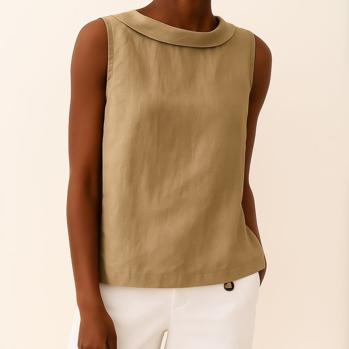 Elegant sleeveless roll neck top displayed on a person with a clean background.