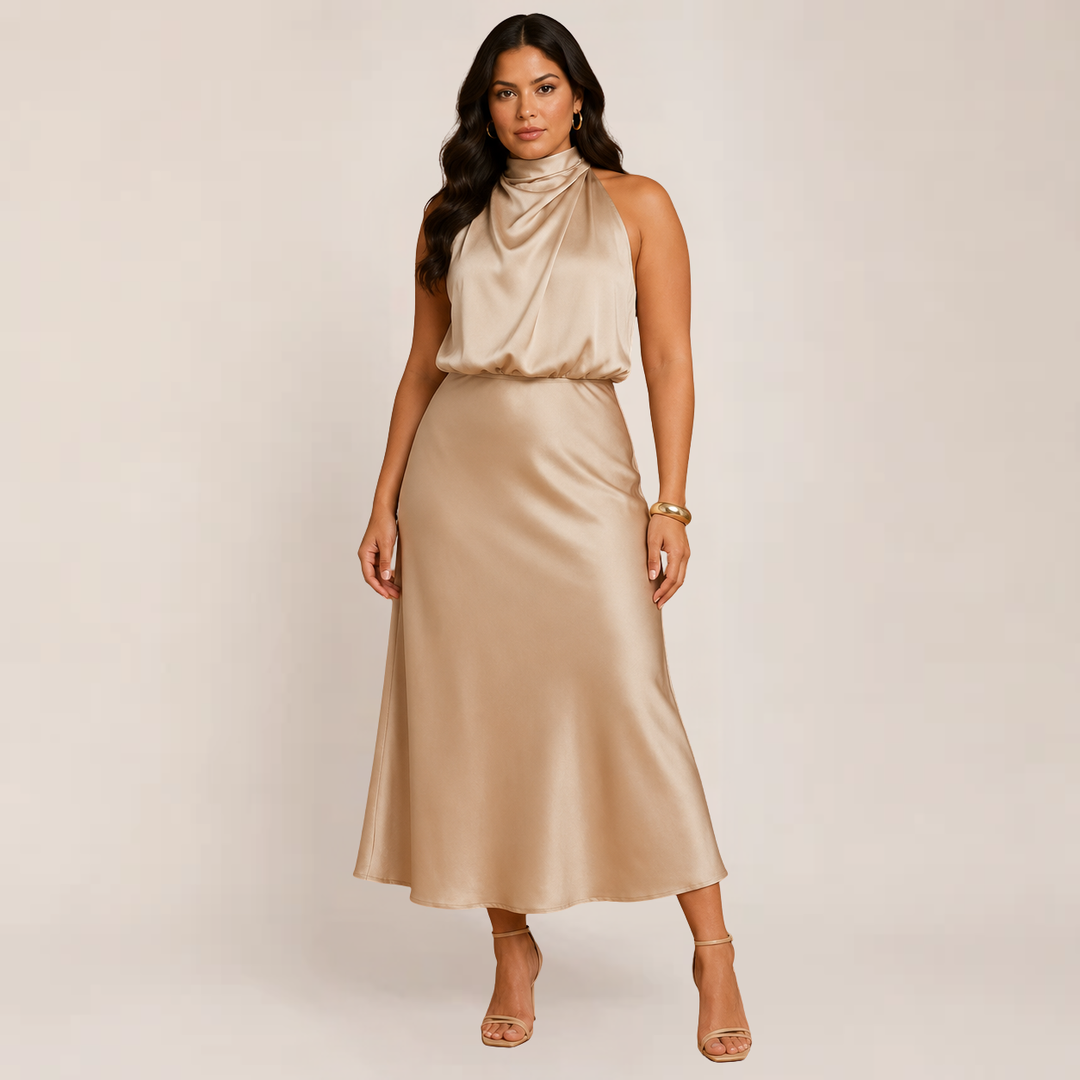 Female model wearing a halter evening dress on a plain background.