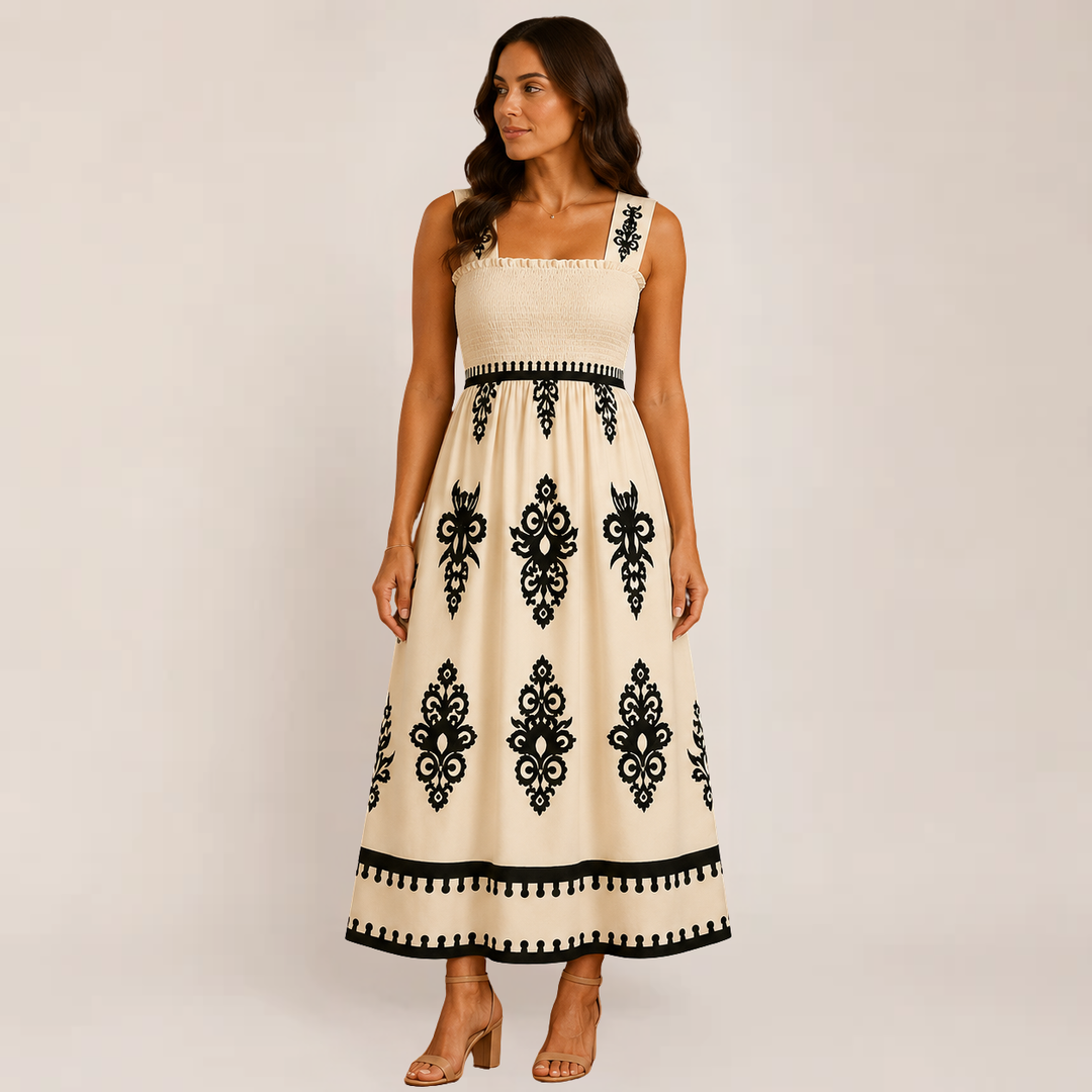 Female model wearing a flowy sleeveless maxi sundress on a plain background.