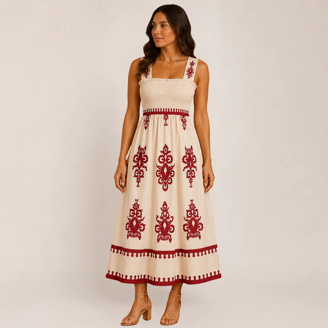 Woman in a lightweight sleeveless maxi dress  