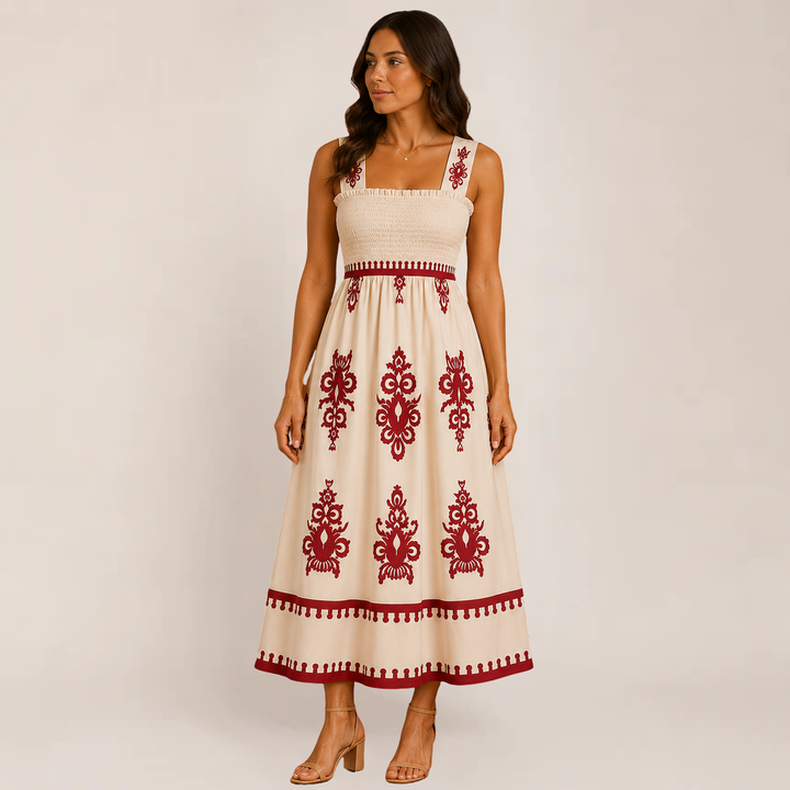 Woman in a lightweight sleeveless maxi dress  