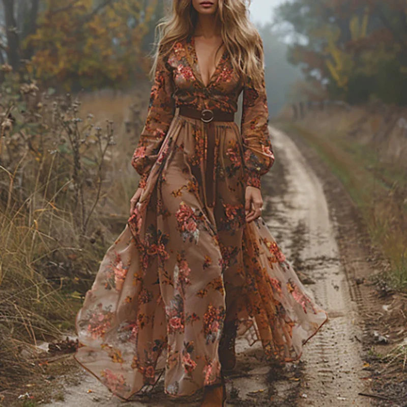 Long sleeve floral maxi dress displayed on a female model with nature backdrop.