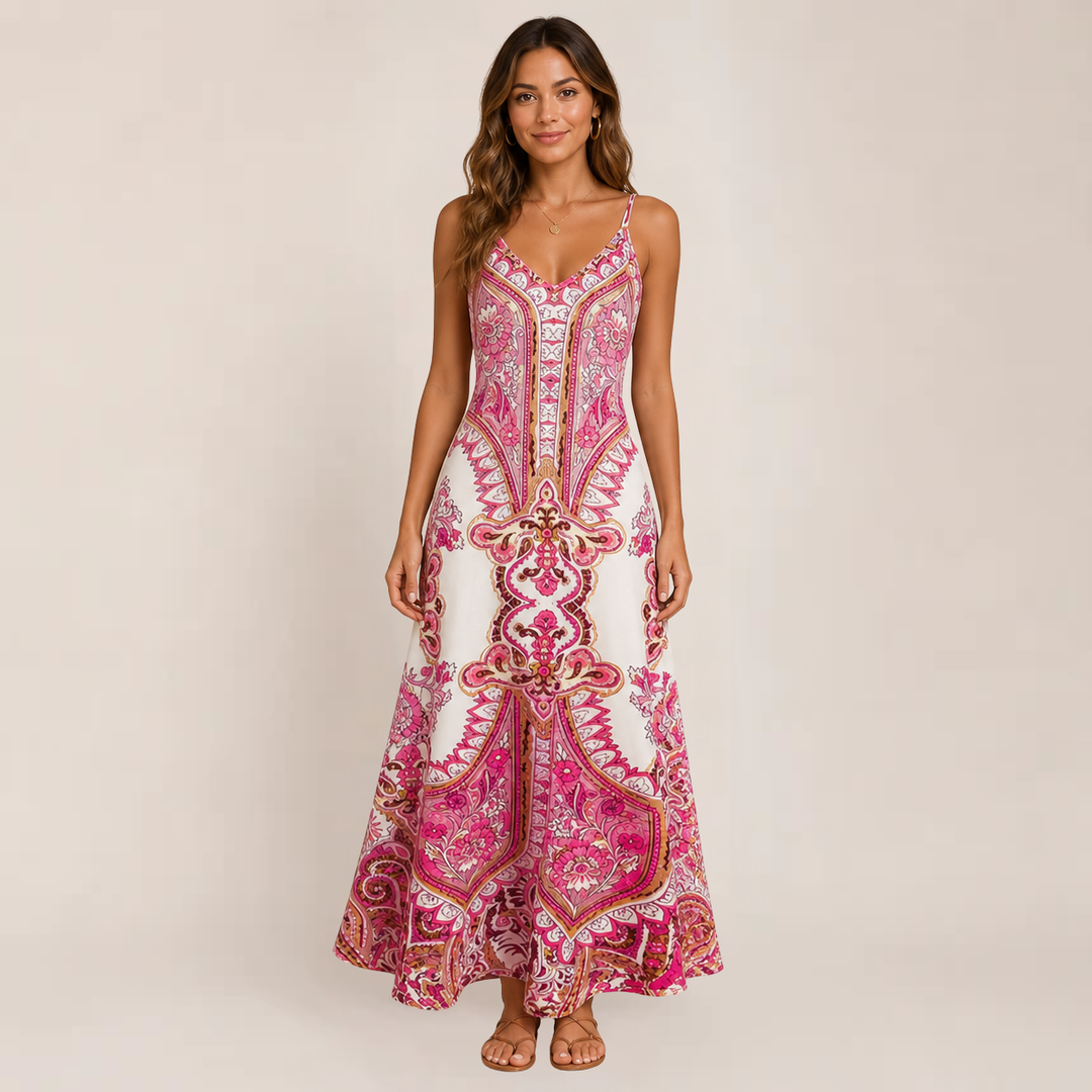 Female model wearing a flowy maxi sundress with delicate straps on a plain background.