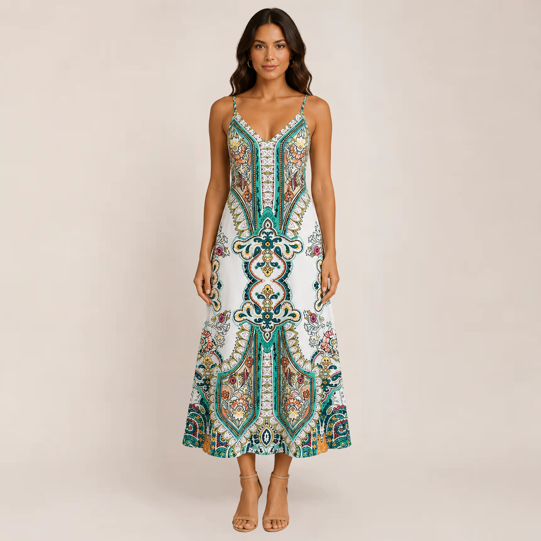 Model in a flowing warm-weather maxi dress displayed against a plain background.