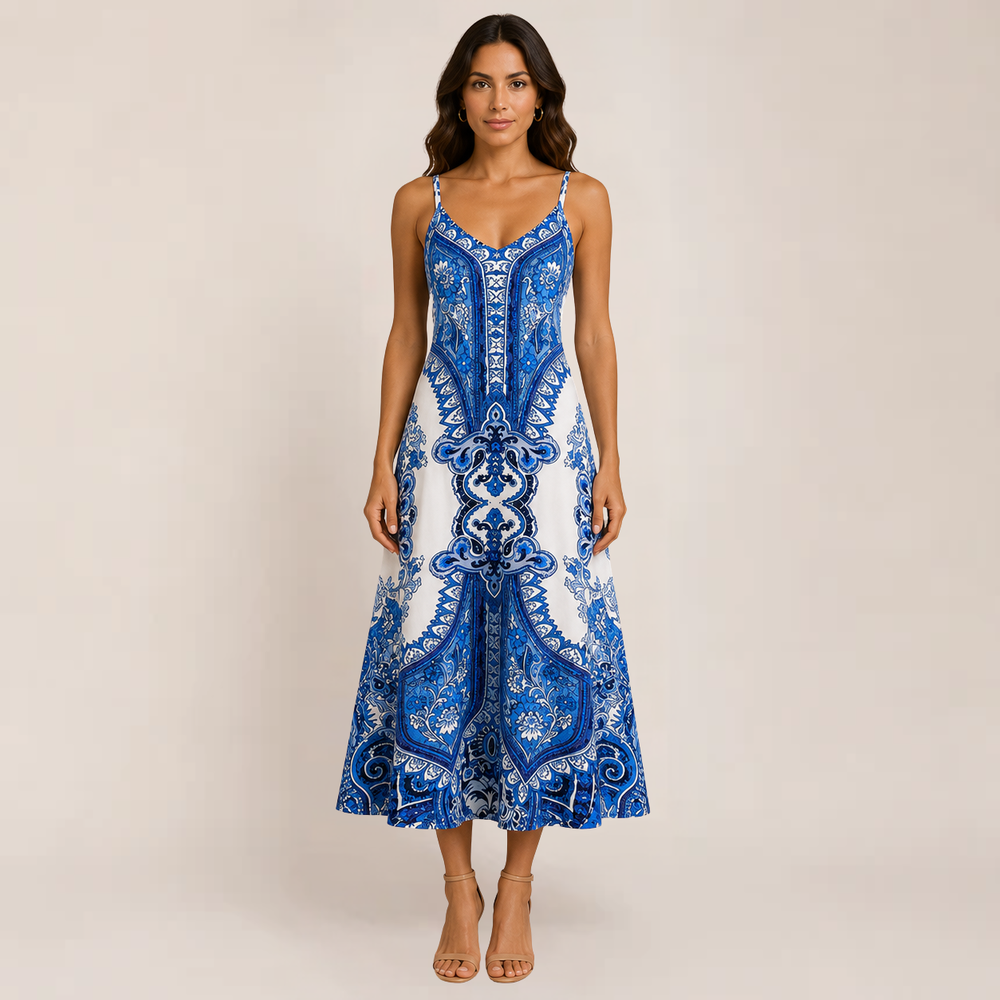 Woman in a breezy A-line maxi sundress shown against a plain background.