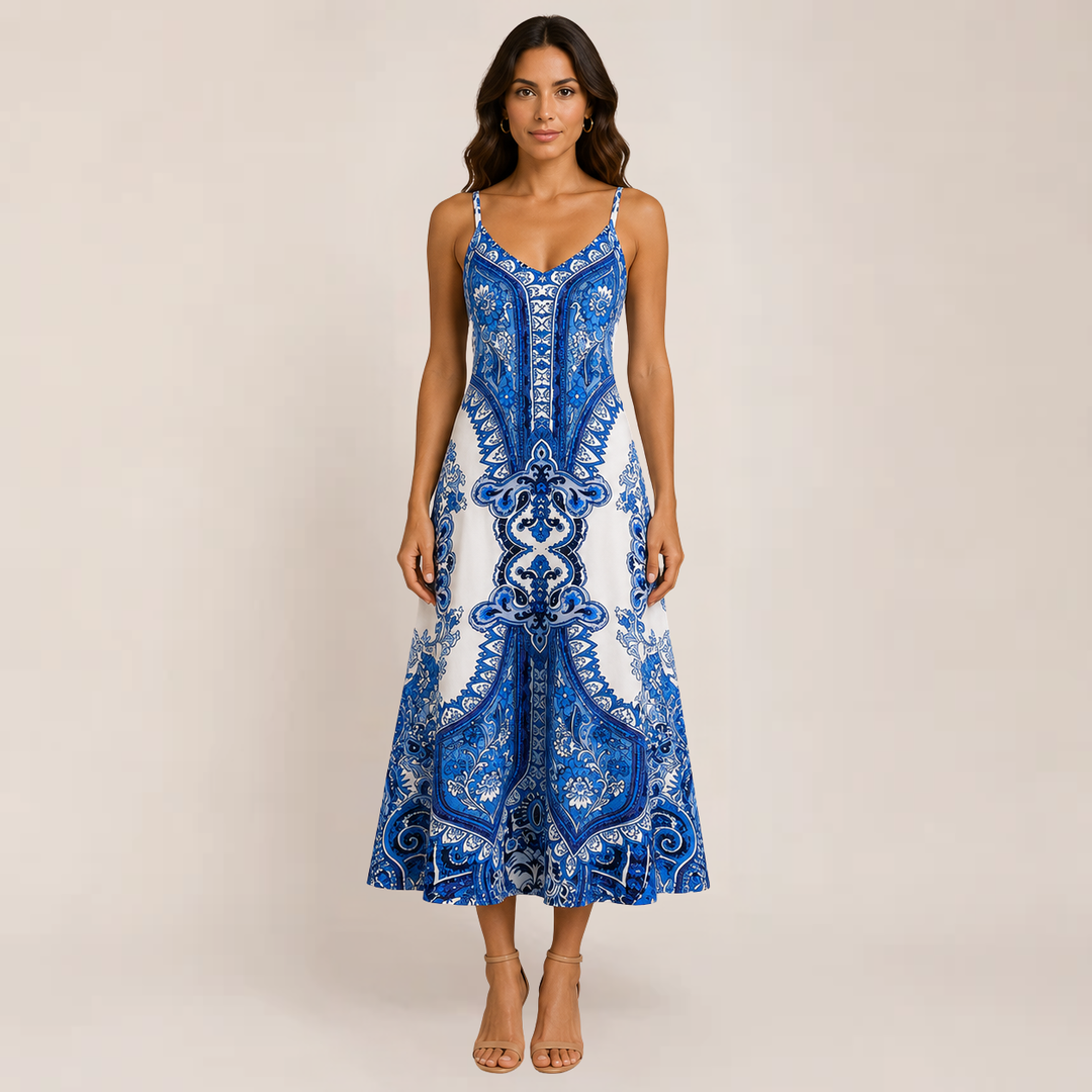 Woman in a breezy A-line maxi sundress shown against a plain background.