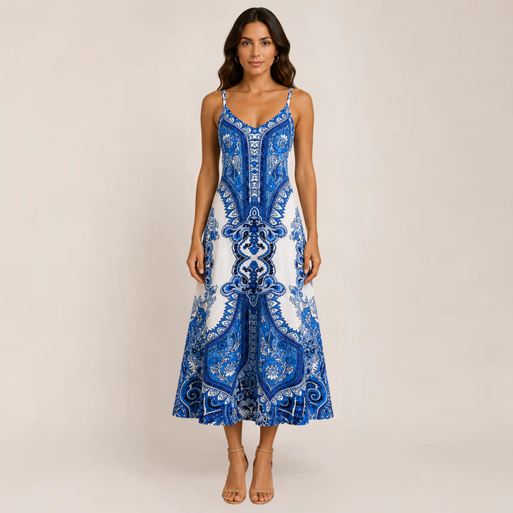Woman in a breezy A-line maxi sundress shown against a plain background.