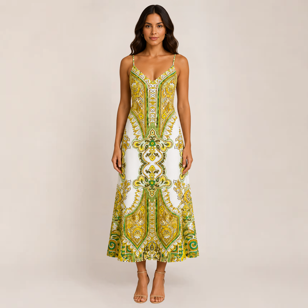 Female model in a colorful summer maxi sundress posed on a plain background.