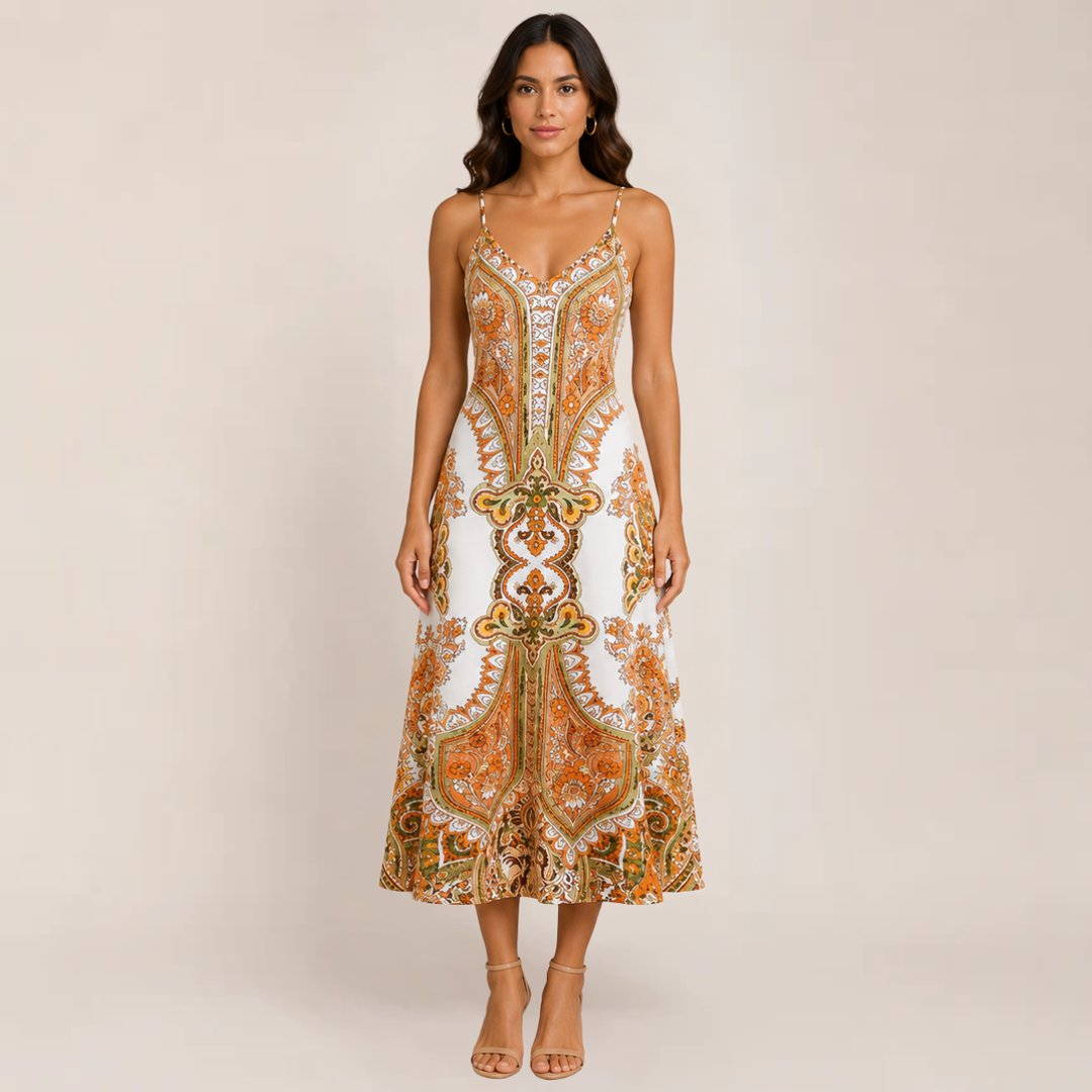Woman wearing a long A-line sundress with slim straps on a plain background.