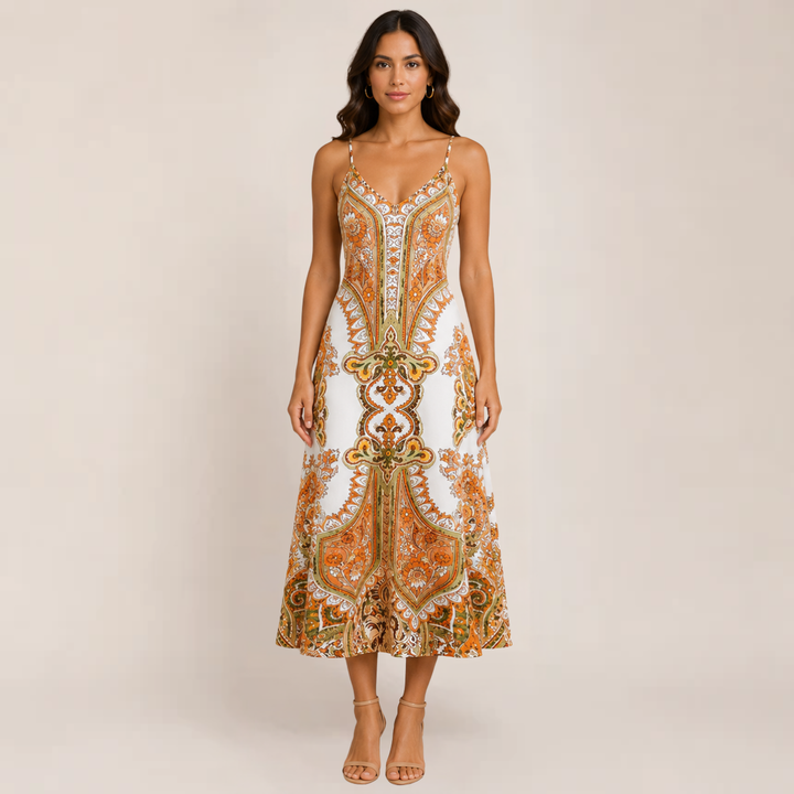 Woman wearing a long A-line sundress with slim straps on a plain background.