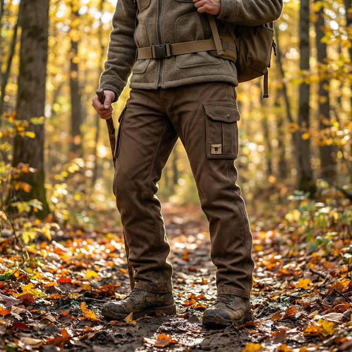  Male model standing in casual cargo pants with multiple storage pockets against a plain background.