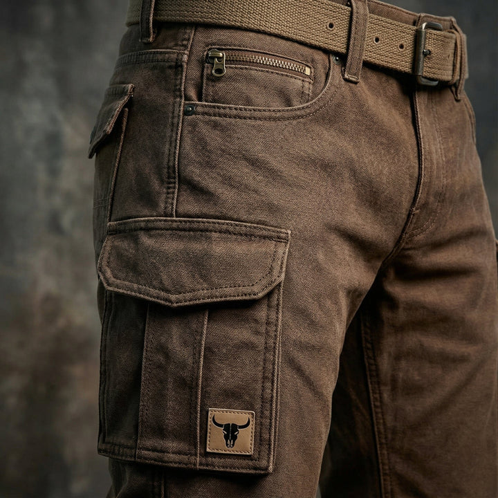 Utility-inspired trousers with a streamlined silhouette on a plain background.