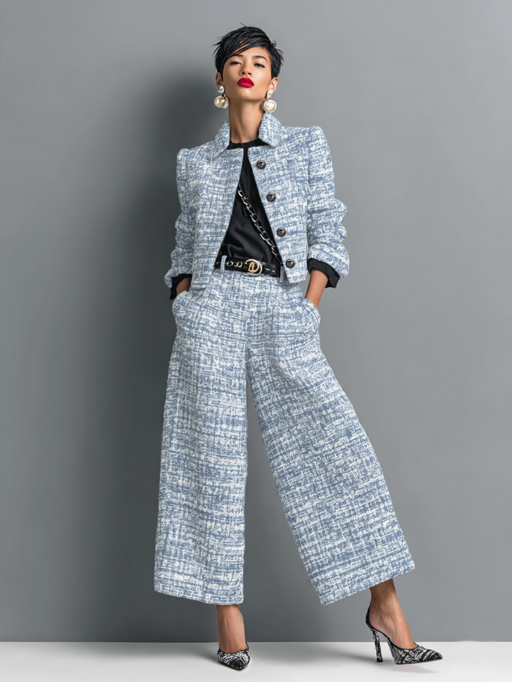  Woman showcasing an elegant coordinated two-piece outfit against a plain background.