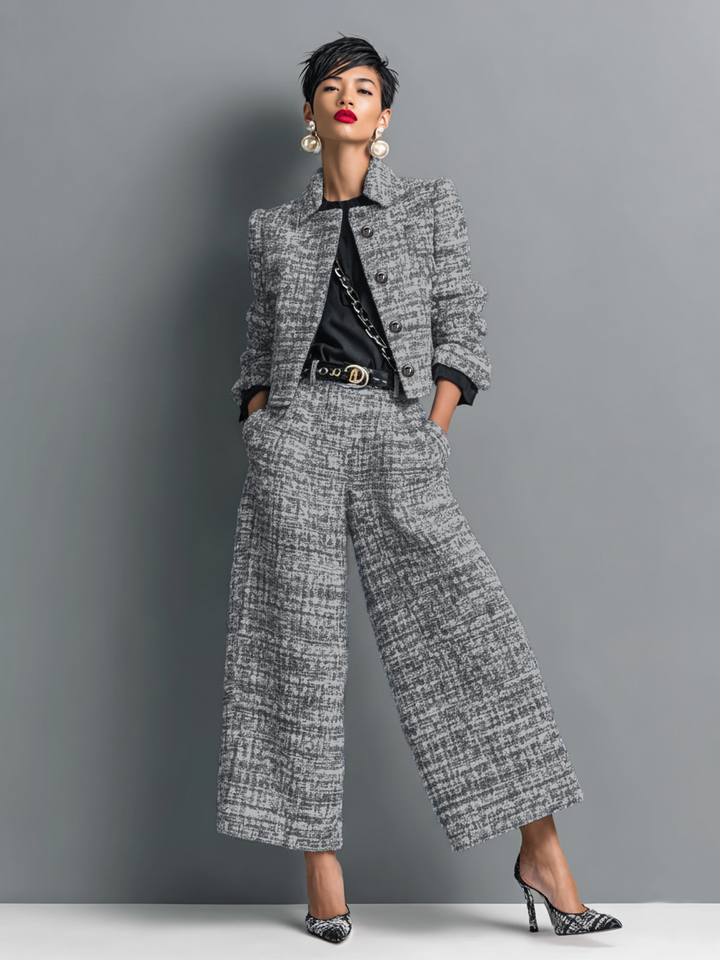 Woman wearing a chic two-piece jacket and trousers set against a plain background.