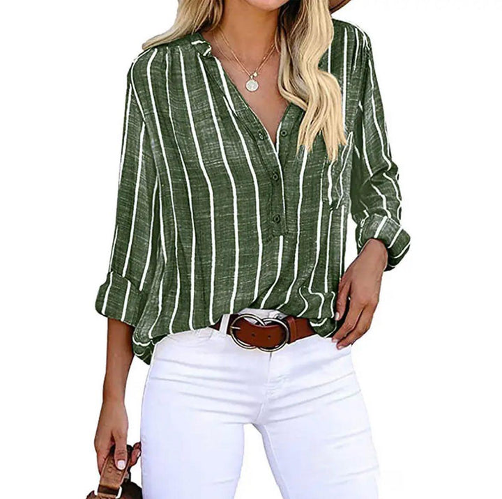 Elegant striped blouse shown on a plain background with a relaxed, easy-to-style fit.