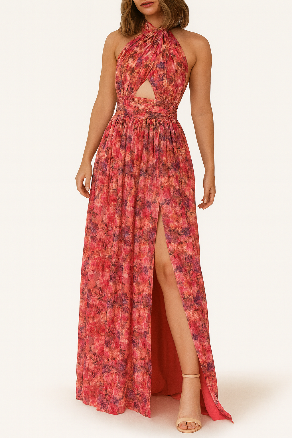 Female model wearing a red floral halter maxi dress on a plain background.