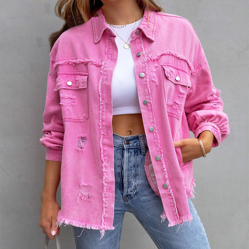 Liorlora Distressed Denim Jacket for Women