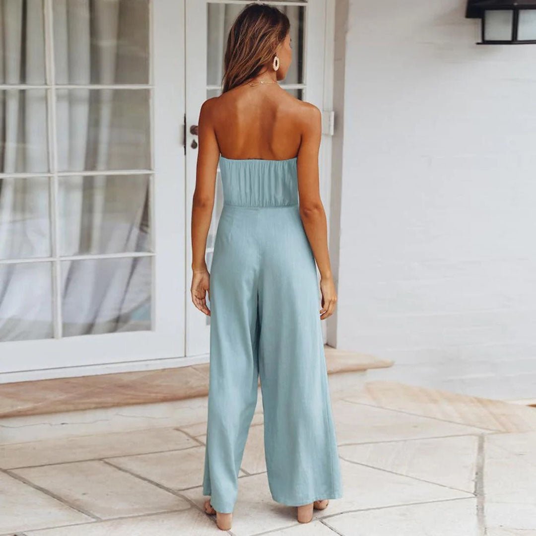 Strapless wide-leg jumpsuit displayed on a plain background.