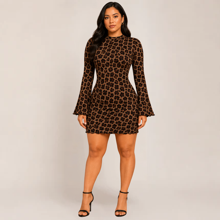 Female model wearing a leopard print long sleeve bodycon mini dress against a plain background.