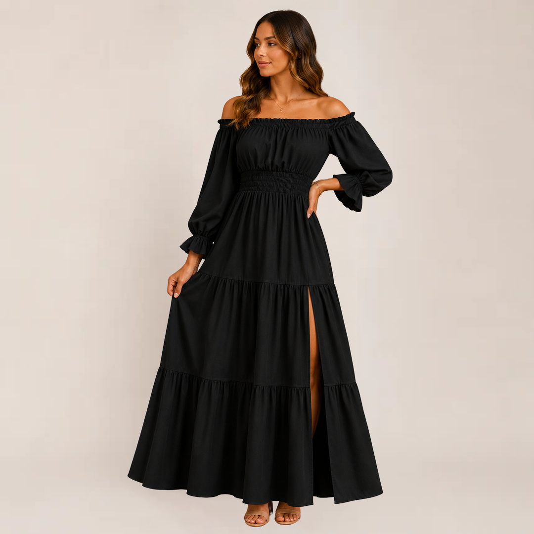 Female model showcasing a layered off-shoulder dress on a plain background.