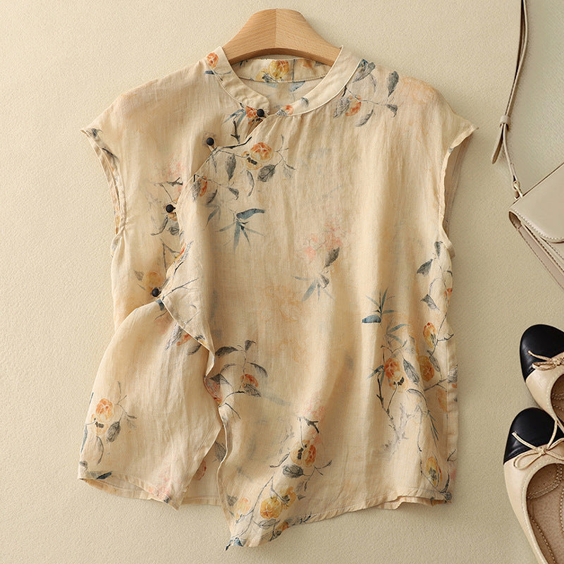 Sleeveless vintage-inspired women’s top against a plain background.
