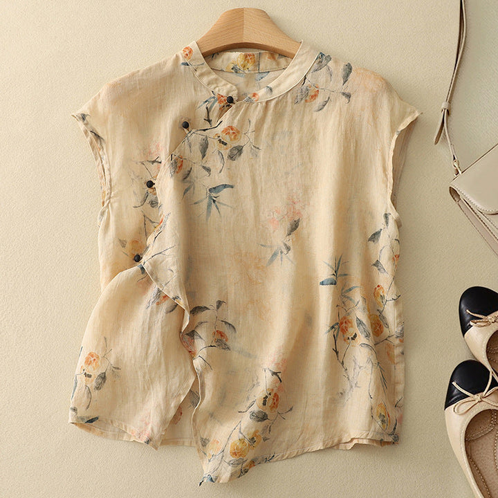 Sleeveless vintage-inspired women’s top against a plain background.