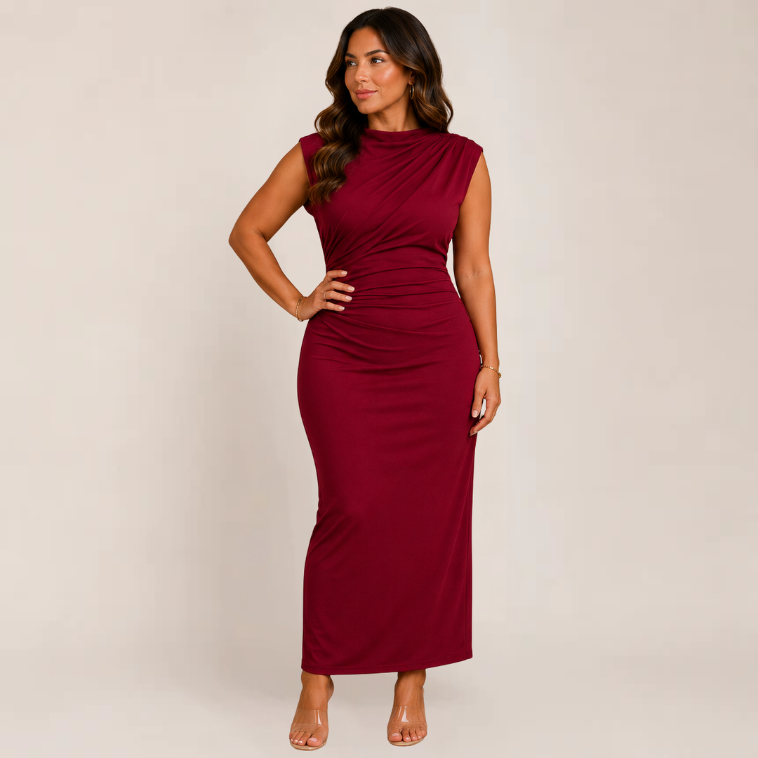 Female model in a fitted evening dress shown on a plain background.