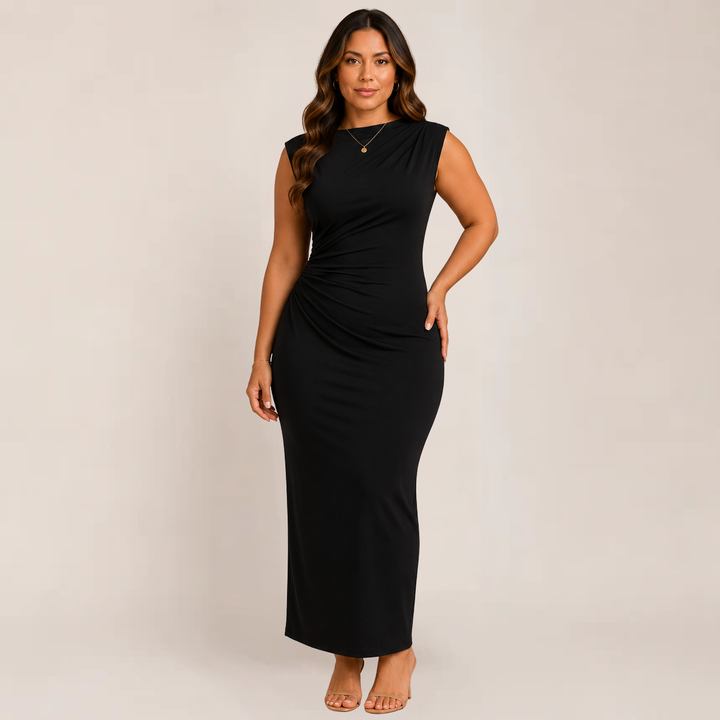 Female model wearing a fitted bodycon dress on a plain background.