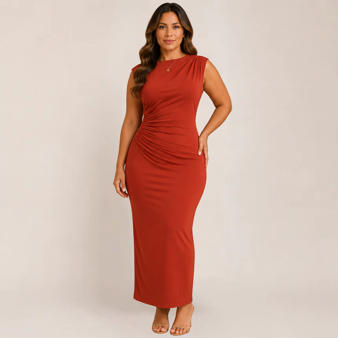 Woman wearing a smooth bodycon dress for formal styling on a plain background.
