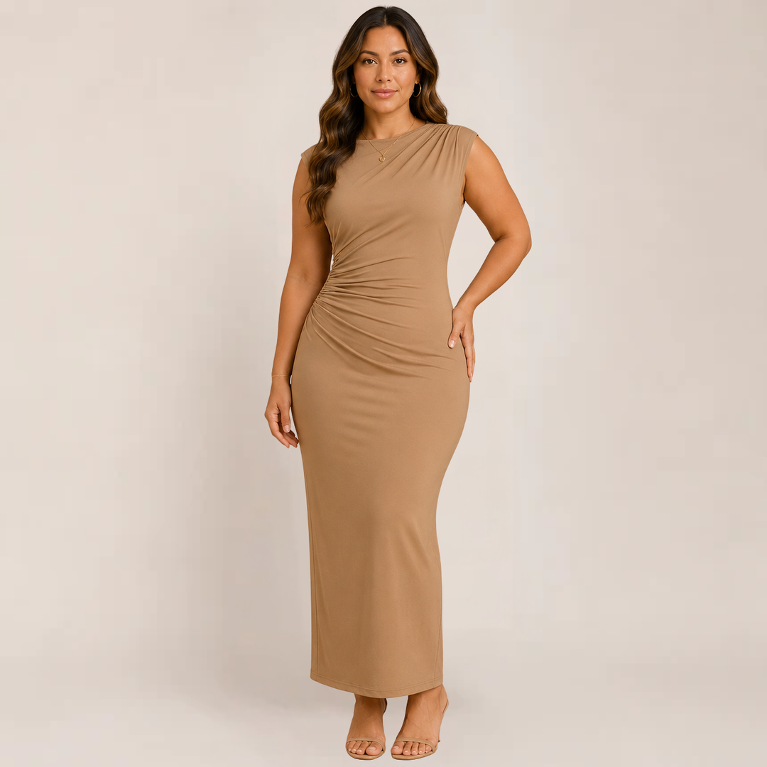 Female model wearing a bodycon evening outfit on a plain background.