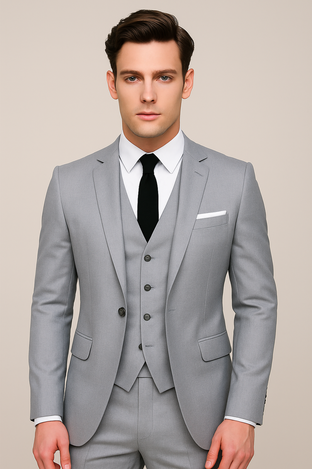 Male model styled in a jacket, vest, and trousers set on a plain background.