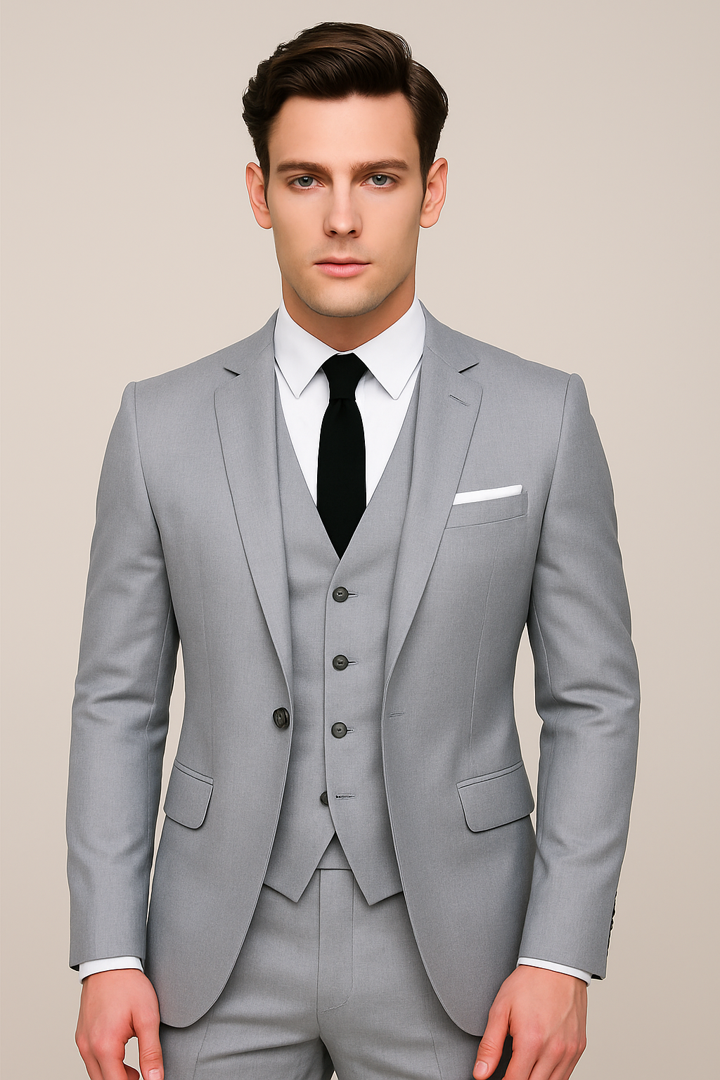 Male model styled in a jacket, vest, and trousers set on a plain background.