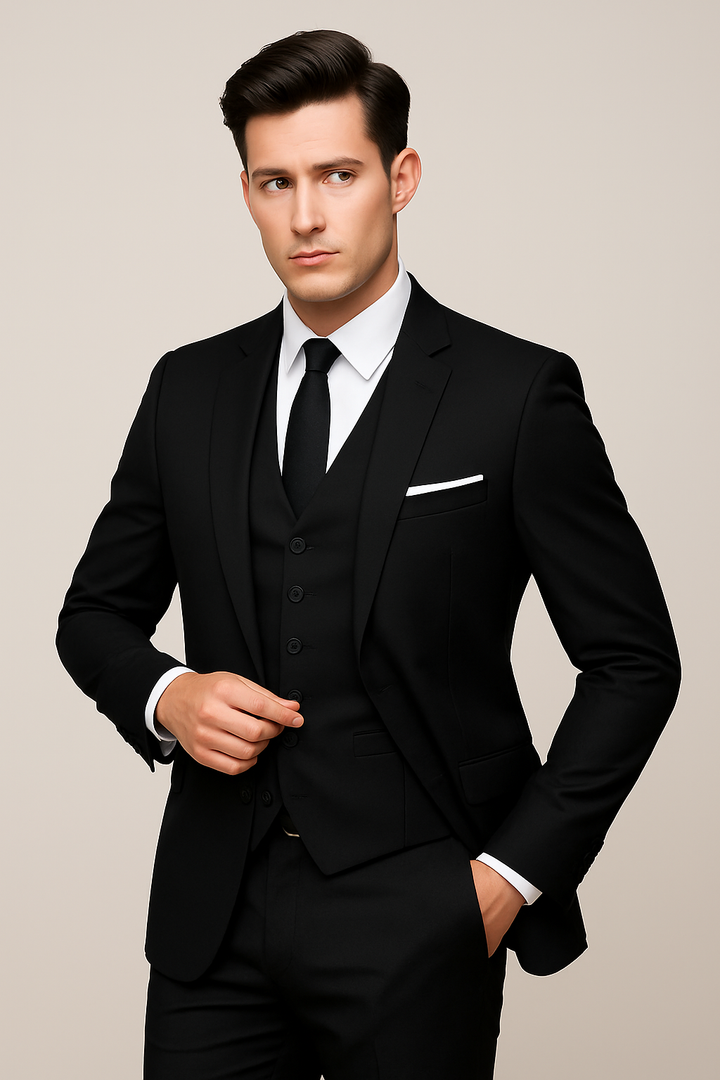 Male model wearing a formal jacket, matching vest, and trousers.