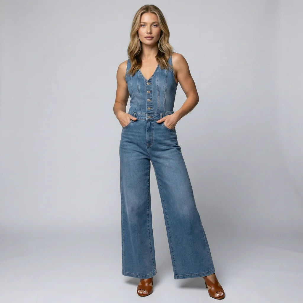 Female model wearing a sleeveless wide-leg denim jumpsuit on a plain background.