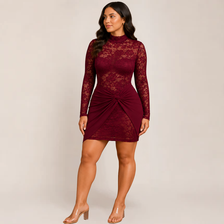 Model wearing an elegant fitted dress with lace sleeves on a plain background.