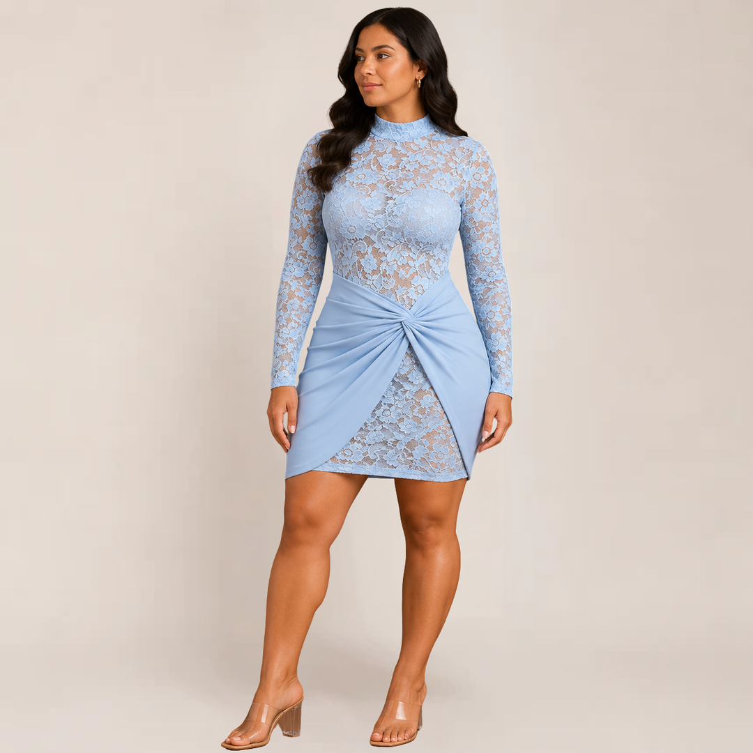 Woman wearing a polished bodycon dress with long lace sleeves.