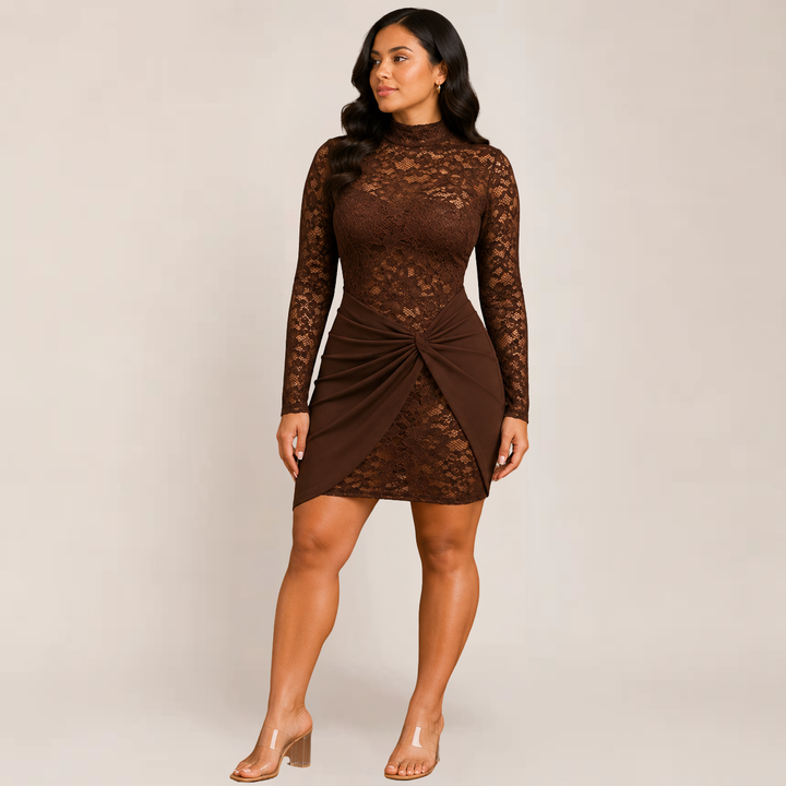Female model showcasing a fitted evening dress with lace sleeve detail.