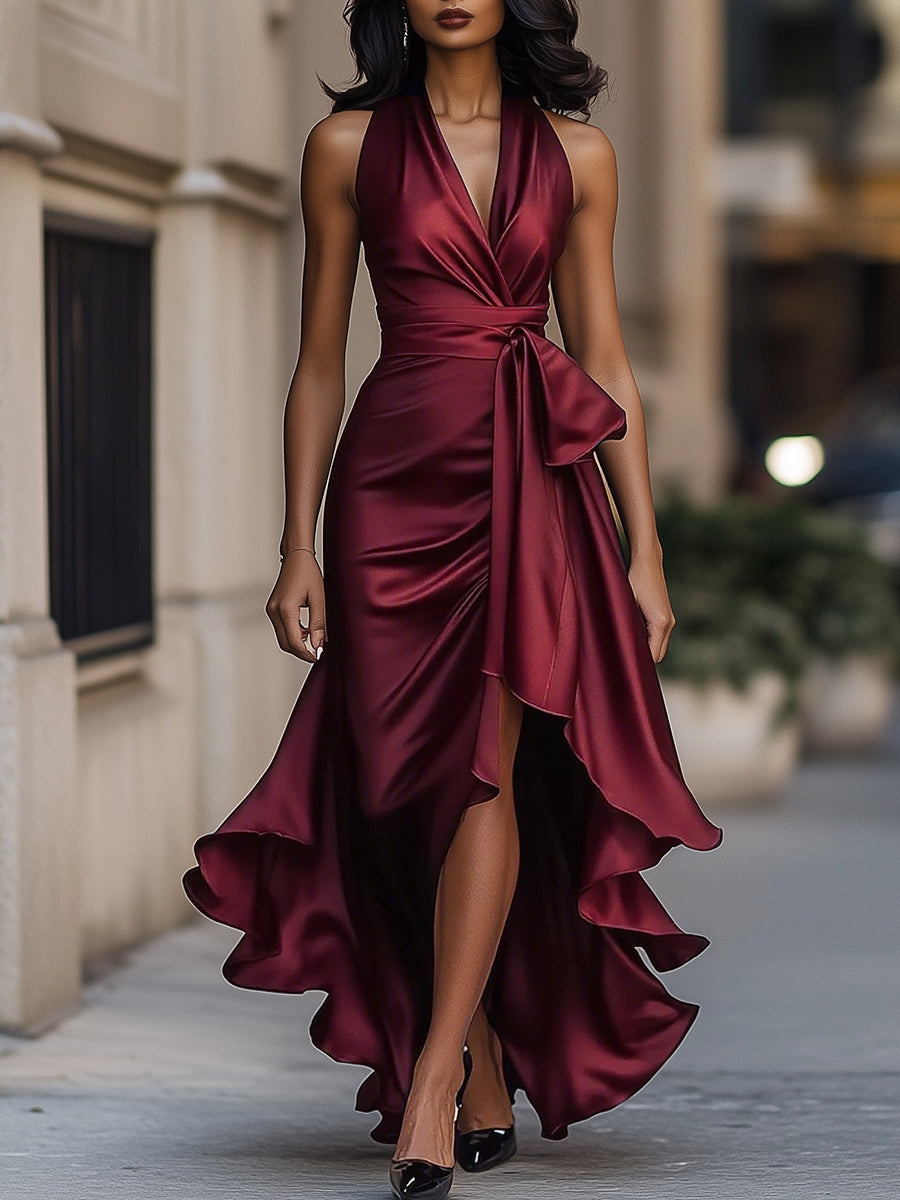 Model in a navy gown with tied waist and flowing ruffle hem on a plain background.