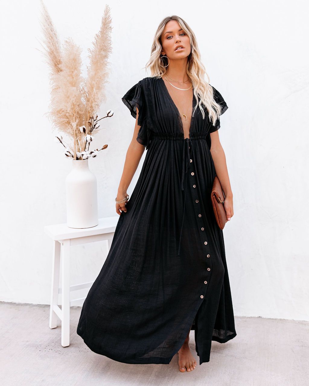 Flowy boho kimono dress cover-up with V-neck design for beach and resort wear.
