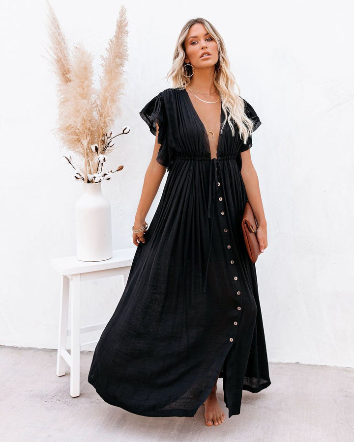 Flowy boho kimono dress cover-up with V-neck design for beach and resort wear.