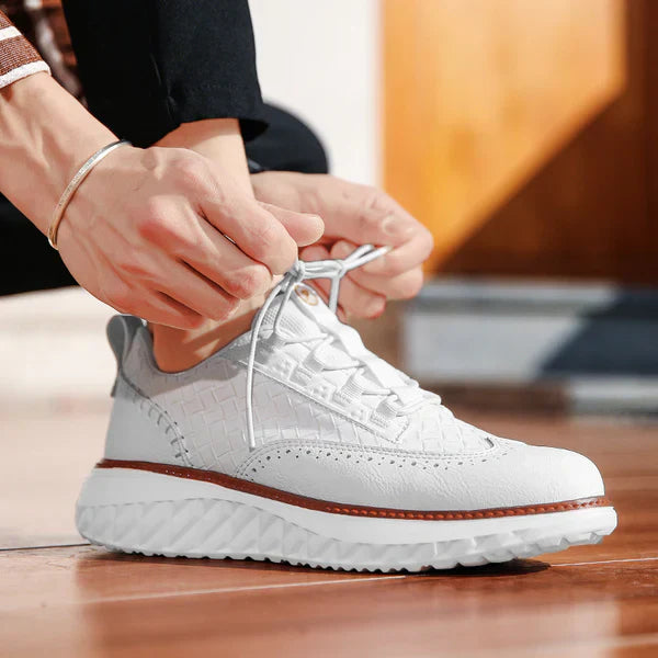 Modern lace-up shoes displayed on feet for simple casual wear.