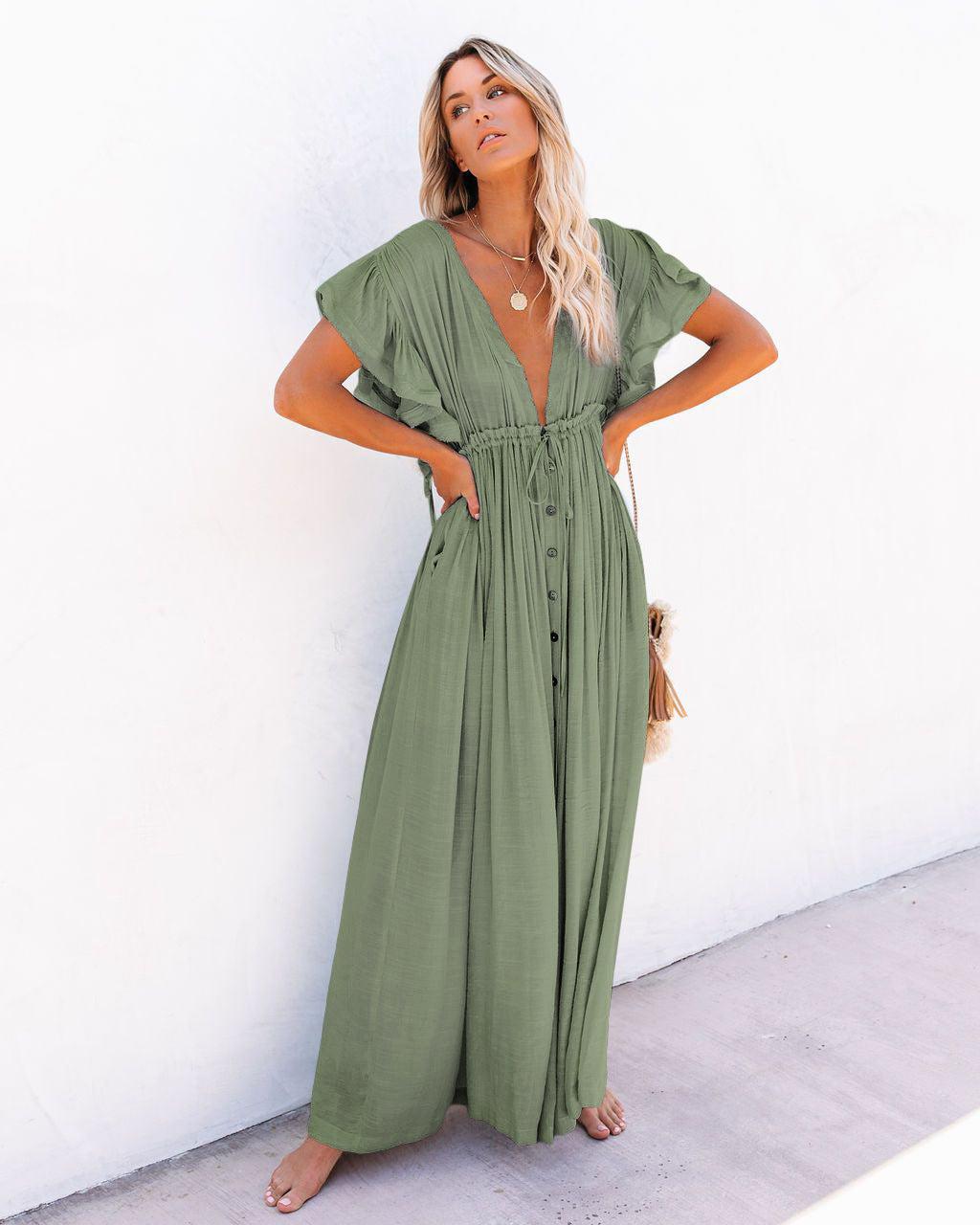 Flowy printed kimono dress for poolside lounging and seaside walks.