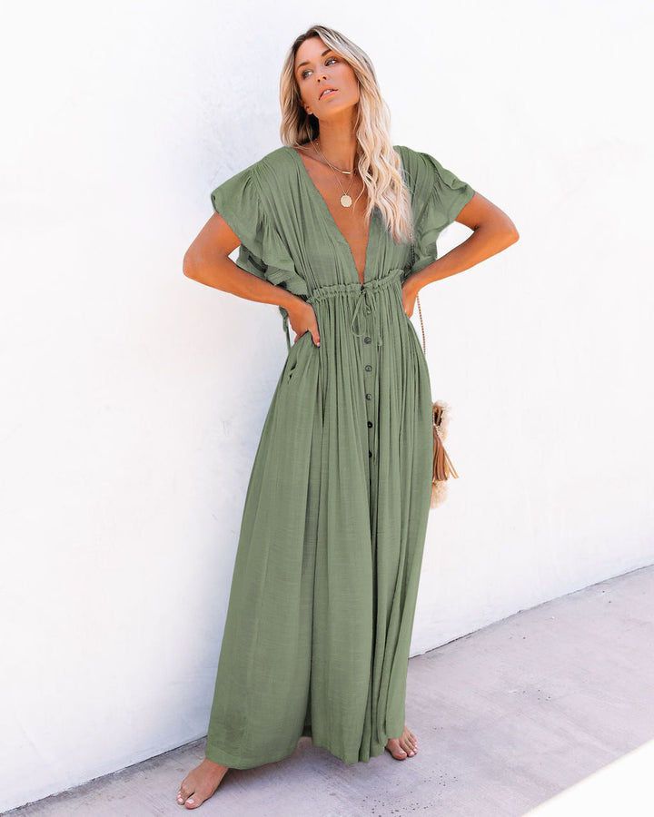 Flowy printed kimono dress for poolside lounging and seaside walks.