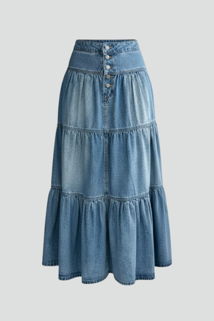 High-waist button-front denim skirt in centered white background image
