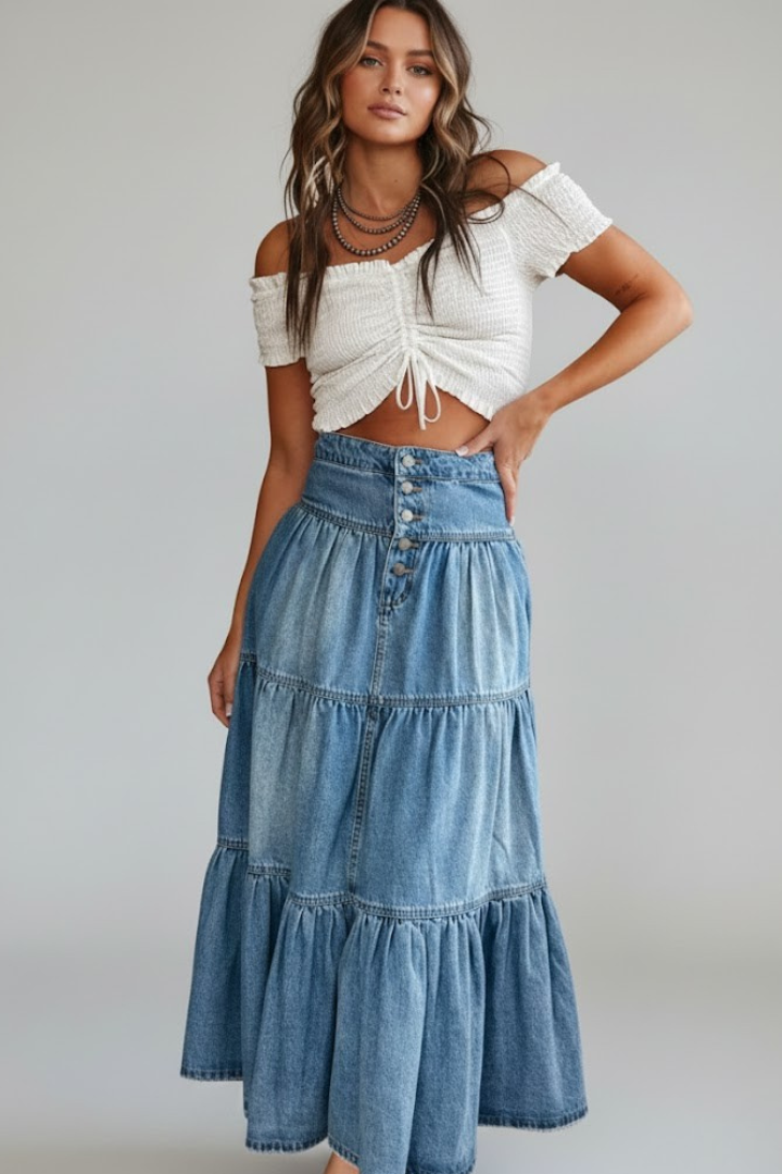 Model in denim skirt and white top front view on gray background