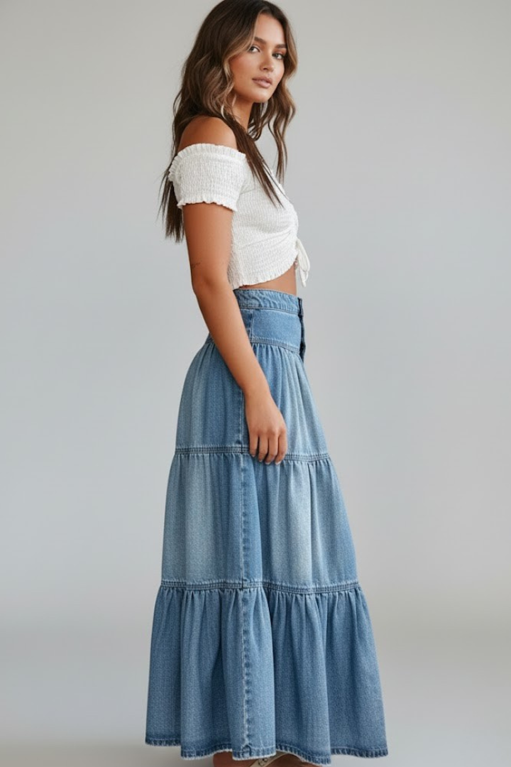 Female model button-up denim maxi skirt front flat display