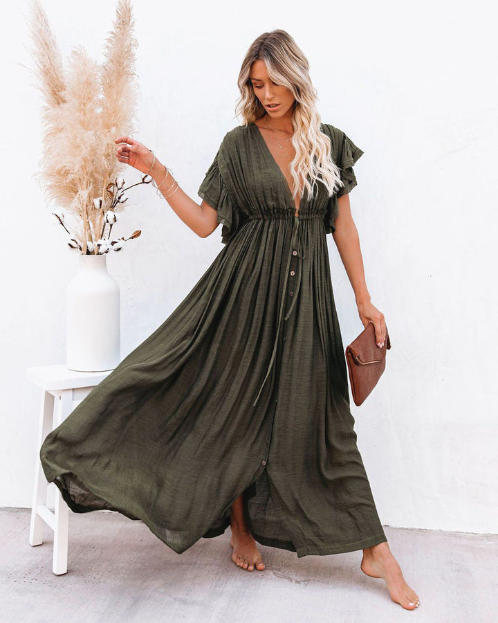 Breezy V-neck kimono dress styled as a beach cover-up for sunny getaways.