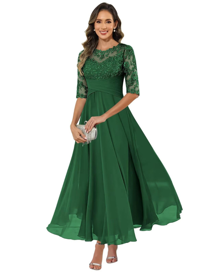 Woman wearing a flowing formal dress with a balanced shape.