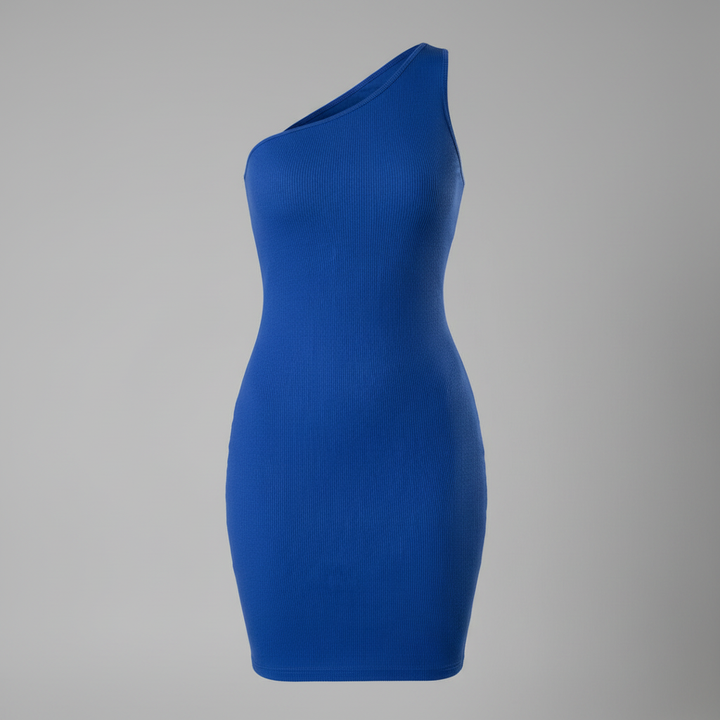 Mini dress with asymmetrical neckline on a plain background.