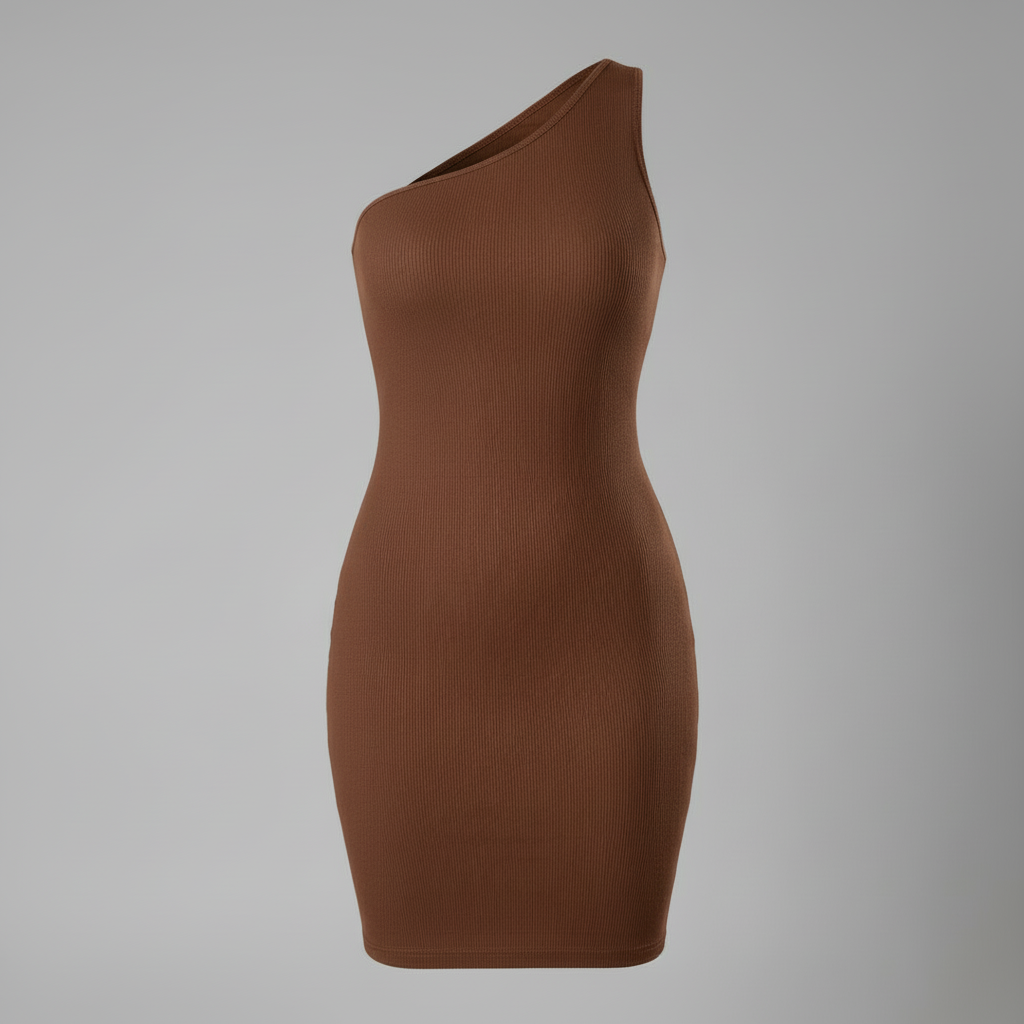 Stretch mini dress with one shoulder detail on a plain backdrop.